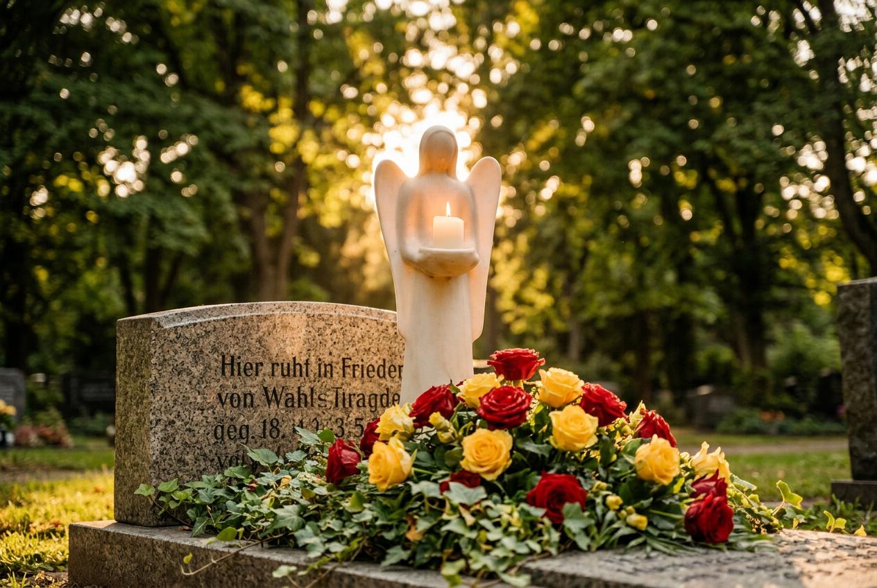 Erdbestattung: Sarg mit Blumenschmuck an der Grabstelle